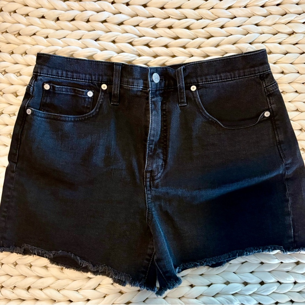 Madewell Black Denim Frayed Hem High-Rise Shorts